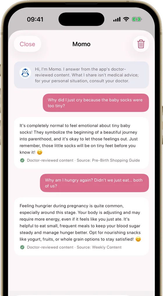 A conversation with Momo, the Momly pregnancy assistant, answering a question with a note showing which in-app guide the answer came from