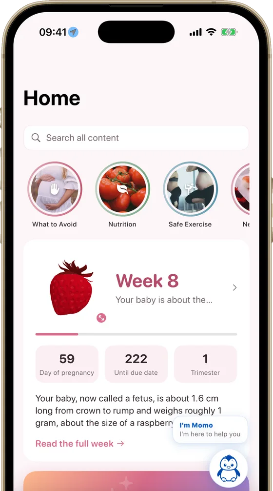 The Momly home screen showing pregnancy week 8, the day count, days until the due date and the current trimester