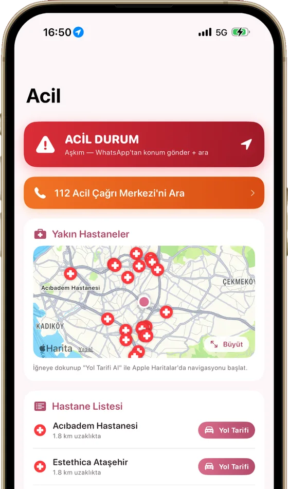 Momly acil ekranı: haritada yakın hastaneler ve hızlı arama eylemleri